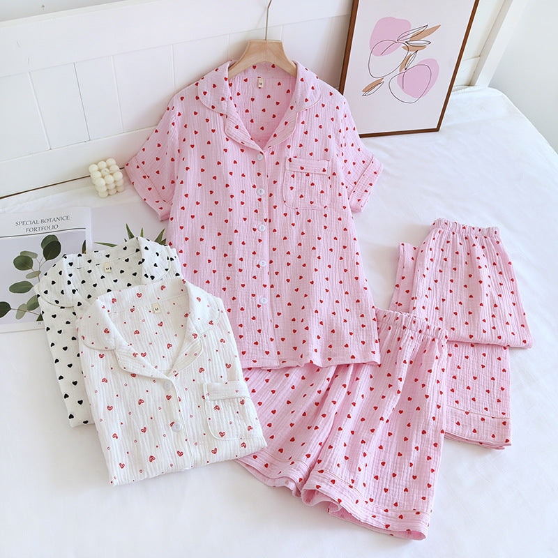 Small Heart Crepe Lapel Short-sleeved Shorts Trousers Three-piece Set For Women