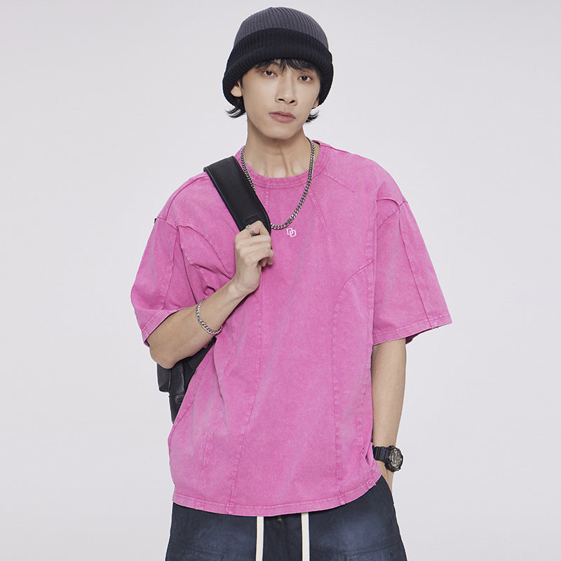 American Washed Patchwork Short-sleeved T-shirt Men