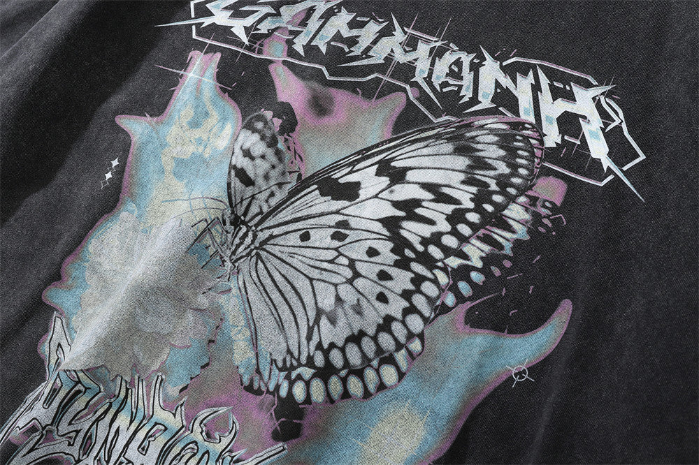 Butterfly Print Washed Distressed T-shirt For Men