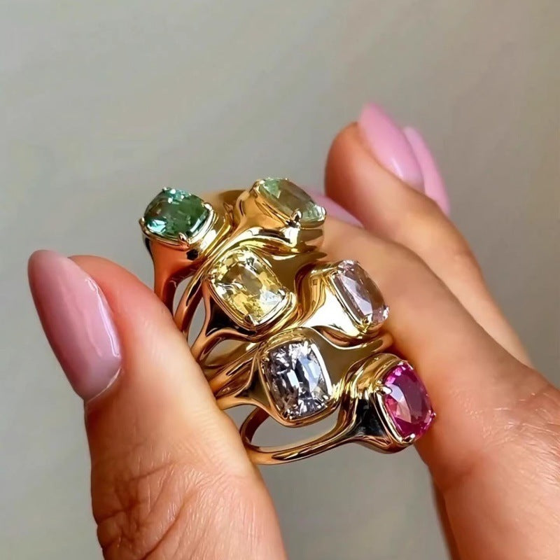 Colorful Gem Sparking Zirconium Ring Niche Mid-Ancient Opening Adjustable