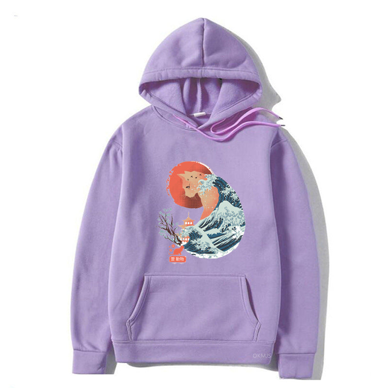 Male And Female Personality Funny Cat Printing Drawstring Hoodie