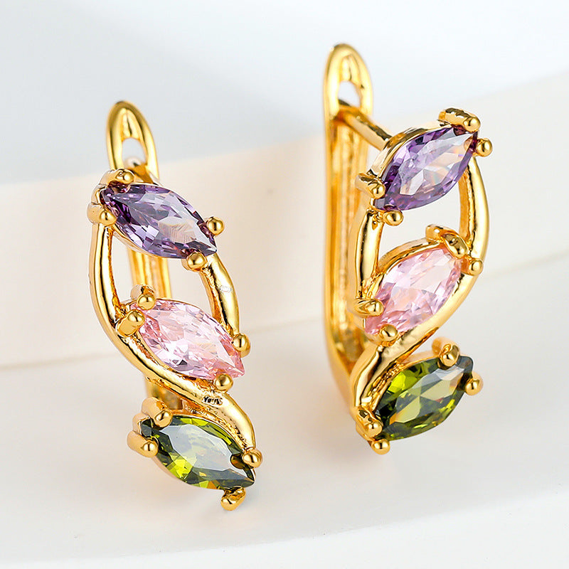 Three Colors Crystal Zircon Champagne Gold Ear Clip Festival Gift Earrings