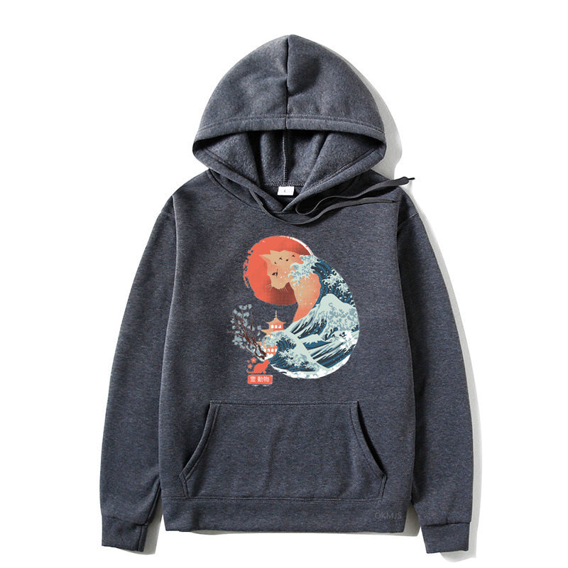 Male And Female Personality Funny Cat Printing Drawstring Hoodie