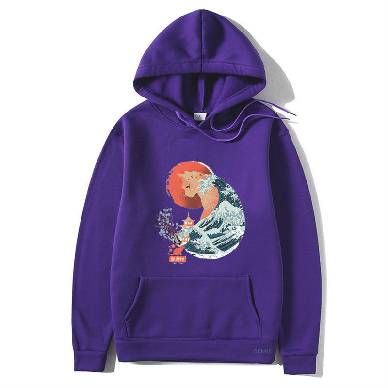 Male And Female Personality Funny Cat Printing Drawstring Hoodie