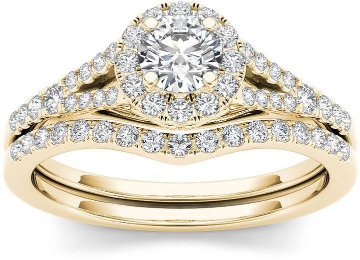 Gold Full Diamond Princess Round Diamond Luxury 2-piece Set Engagement Ring