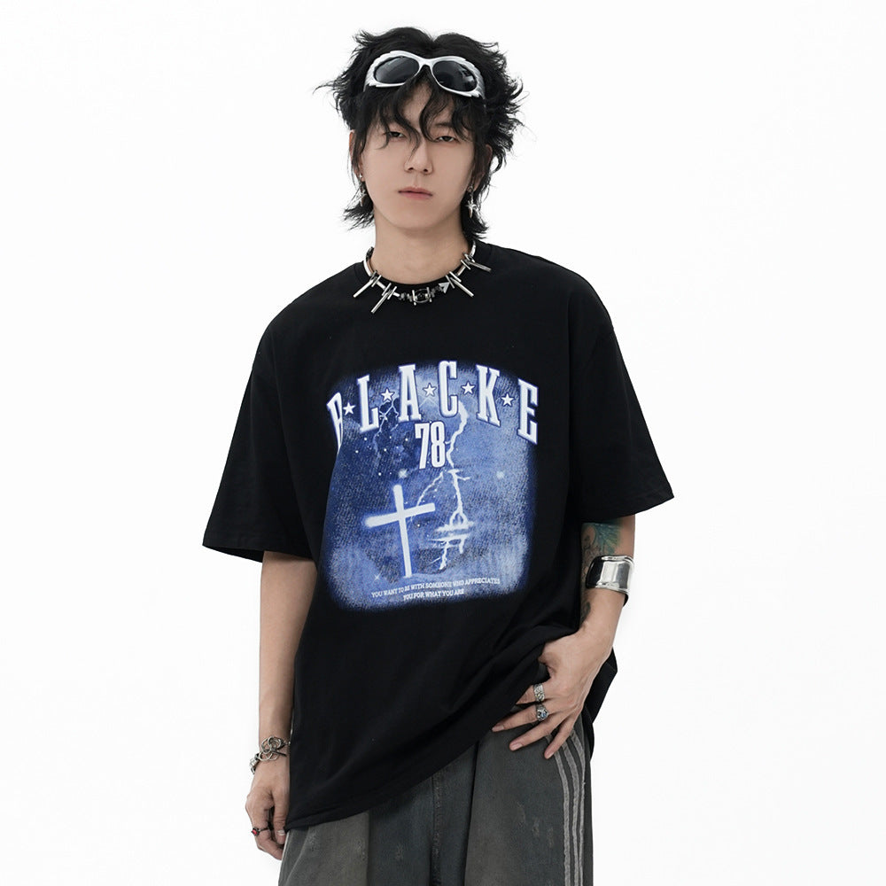 Fashion Cross Printed T-shirt Short Sleeve Men